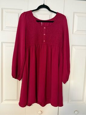 Women's Smocked Yoke Long Sleeve Dress - maroon